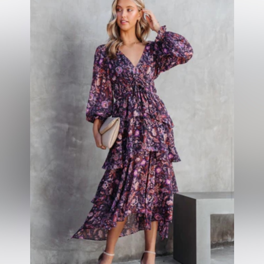 Maleah Floral Tiered Chiffon Midi Dress - Plum